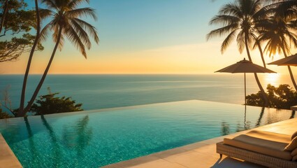 Tropical Paradise Escape: Serene infinity pool overlooking ocean at sunset. Palm trees and calm water create a tranquil vacation ambiance.