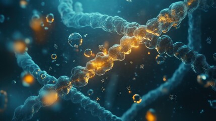 Obraz premium Genetic research theme with a glowing DNA strand and floating molecules