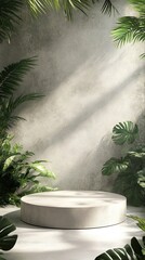 Minimalist podium in tropical garden setting