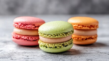 Fototapeta premium A delightful assortment of colorful macarons displayed in a soft, white background, showcasing their delicate textures and vibrant hues.
