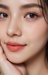 Fototapeta premium Beauty advertisement concept with a smiling woman showing perfect eyeliner and glossy lips in bright studio light