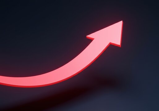 Red upward arrow on dark background. Illustration of financial growth trend. Rising business chart. Investment direction sign for presentation and banner. Achievement symbol design.