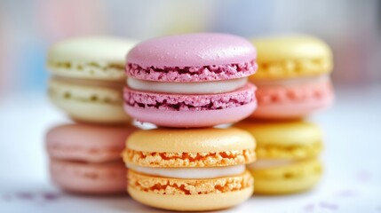 Fototapeta premium A delightful assortment of colorful macarons displayed in a soft, white background, showcasing their delicate textures and vibrant hues.