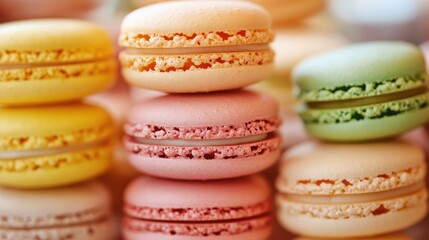 Obraz premium A delightful assortment of colorful macarons displayed in a soft, white background, showcasing their delicate textures and vibrant hues.
