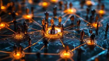 Tiny figures represent global network connections glowing orange and blue ideal for illustrating teamwork and communication concepts.