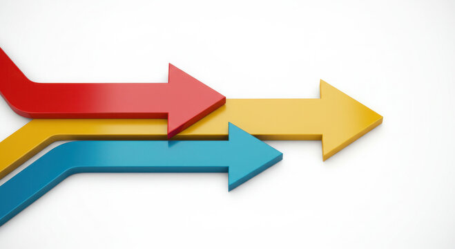 Three abstract arrows merging into one direction symbolizing unified teamwork in corporate strategy