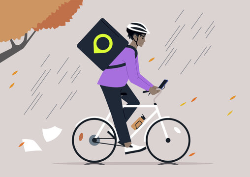 Fototapeta A courier navigates heavy rain and wind, showcasing resilience as they deliver packages, Fallen leaves dance in the air, and papers scatter along the street, highlighting the challenging atmosphere
