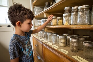 Fototapeta premium A curious young boy examines various grains stored in glass jars inside a pantry.