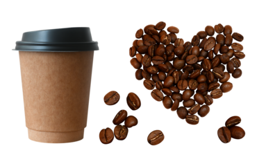 Сoffee elements set isolated on transparent background. Disposable paper cup PNG, many big single beans, heart-shaped grains cut out. Empty drinkware mockup. Drink to go. Photo for packaging design
