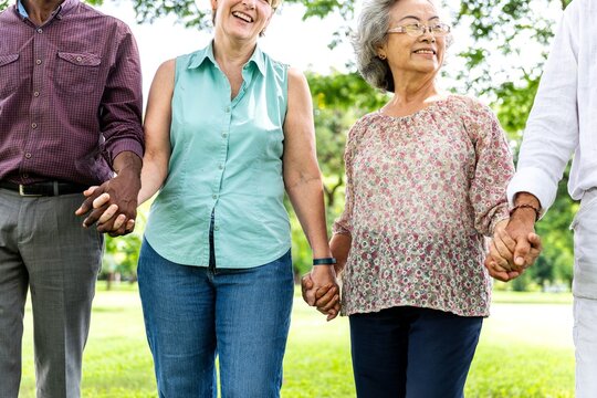 Group of diverse senior friends holding hands in park, unity and support. Diverse people senior group holding hands in unity. Diverse senior people group holding hands, give support friends in park. - Powered by Adobe