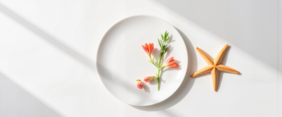 Fresh flowers arranged on a white plate with a starfish  