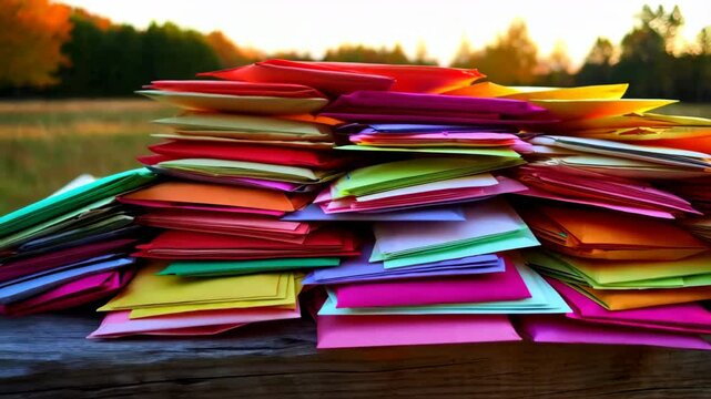 Colorful Stack of Papers and Envelopes Outdoors A vibrant pile of stationery