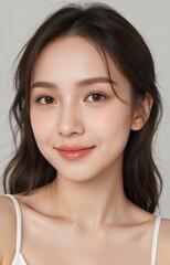 Cosmetic ad image featuring a young woman with shiny black hair and soft makeup looking at camera in white space