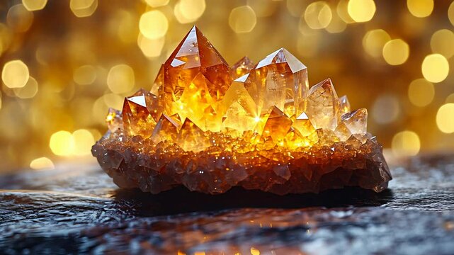 Closeup of illuminating citrine quartz crystal cluster on dark rock background. Geology and mineralogy sample video footage. Gemstone and crystal properties clip.