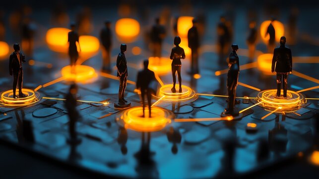 Silhouette figures represent a network of business people connected by glowing lines.  It evokes a sense of collaboration and digital communication. Ideal for business and technology presentations.