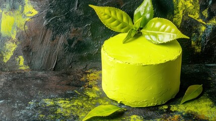 Vibrant lime green cake with fresh tea leaves