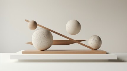 Abstract geometric composition with floating white shapes and wooden elements in soft light, futuristic contemporary scales background