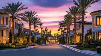 Fototapeta premium Luxury residential street with stunning mansions and palm trees at dusk