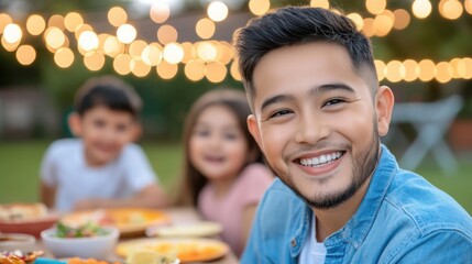 A multi-generational family having a backyard dinner under string lights at sunset.