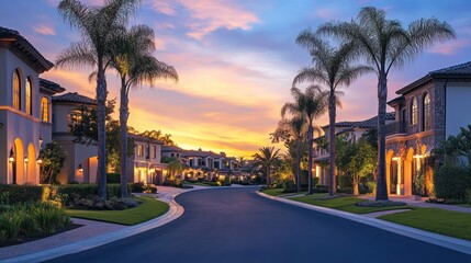 Fototapeta premium Luxury residential street with stunning mansions and palm trees at dusk