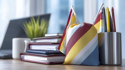 Colorful Desk Arrangement with Flags, Books, Laptop, and Plants