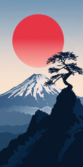 Fototapeta premium Flat vector illustration of an Asian tree on top of a mountain, with a red sun in the background.