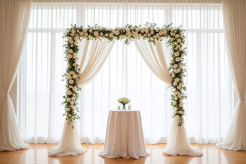 wedding arch decorated with white flowers and candles