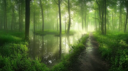 Fototapeta premium Misty forest path reflecting in tranquil pond