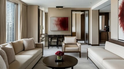 Fototapeta premium Minimalist hotel suite with high-end furniture, neutral tones, and a relaxing atmosphere