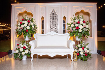 white couch sitting in front of a wall covered in flowers