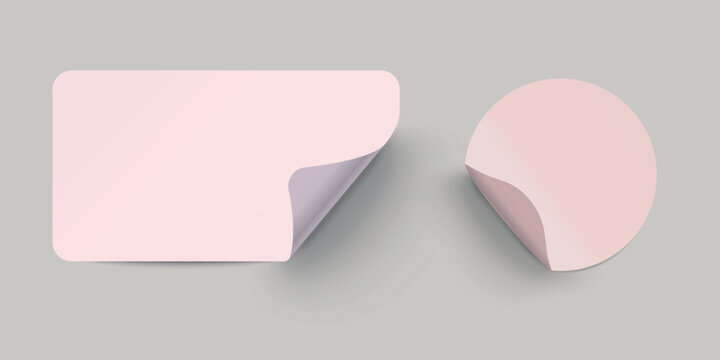 Set of realistic pink paper labels with shadow on transparent background.