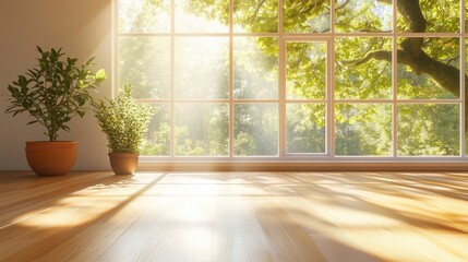 Fototapeta premium Minimalist Interior with Wooden Floor and Potted Plants