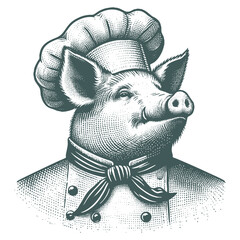 Obraz premium Vintage pig Chef Illustration, Black and White Engraving Style