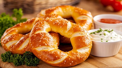 Salted pretzels sit on a wooden board near two bowls of dipping sauce with garnish.