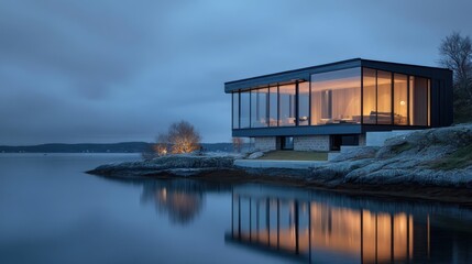 Fototapeta premium Modern glass-walled villa at dusk overlooking a calm sea with soft reflections
