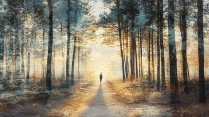 Obraz premium Double exposure of a person walking and a path through a pine forest, moody light, space on side for headline