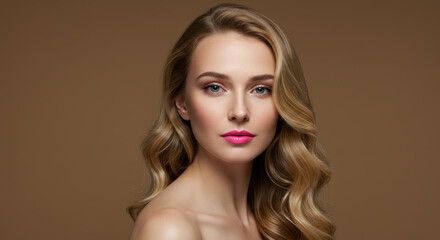 Radiant Beauty: Blonde Waves, Pink Lips & Flawless Skin - Portrait of a Stunning Woman, Makeup, Hairstyle, Fashion, Glamour