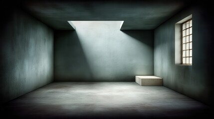A stark, dimly lit room with a single pedestal bathed in light from a high window and ceiling opening. Minimalist and isolating