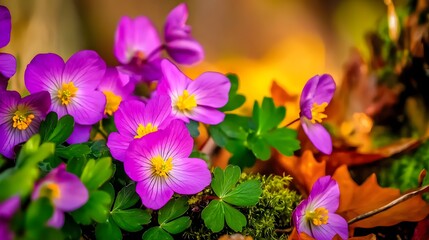 Vibrant Purple Spring Flowers Blossoming with Green Leaves in a Natural Outdoor Setting