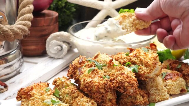 Using an air fryer to make homemade fish sticks for a quick and easy dinner,  Breaded fish sticks being cooked in an air fryer.  Easy seafood dinner meal.