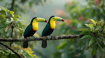 Fototapeta premium Two colorful toucans perched on a branch in a lush rainforest