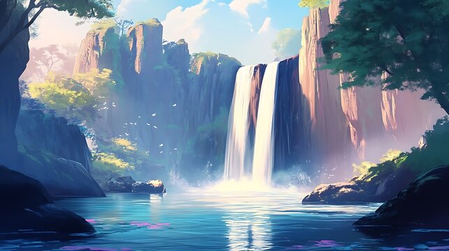 A majestic waterfall cascading down a rocky cliff into a serene pool 