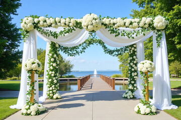 wedding arch decorated with white flowers and greenery