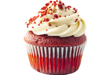 Red velvet cupcake with creamy frosting and red sprinkles in a white paper cup. Isolated on a transparent background