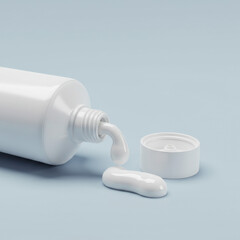 3D scene with open squeeze tube, paste drop, and white capsule on blue surface. Perfect for oral care, toothpaste branding, or modern dental product visualizations