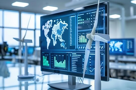 A digital display shows wind energy data, featuring graphs, a world map, and wind turbine models, highlighting renewable energy technology.