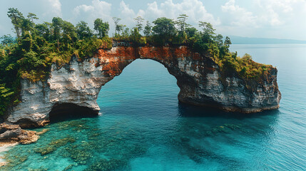 Natural arch over clear blue water The cliffs are covered in trees under the partly cloudy sky forming a serene trop