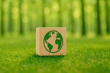Eco-Friendly Concept with Earth Symbol on Wooden Block in Green Nature Background