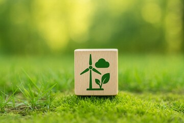 Sustainable Future Concept with Eco Symbols on Wooden Block in Nature Setting