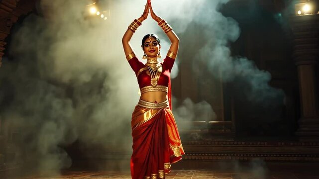 A woman in a red sari is dancing in front of a smokey background. Scene is mysterious and dramatic
